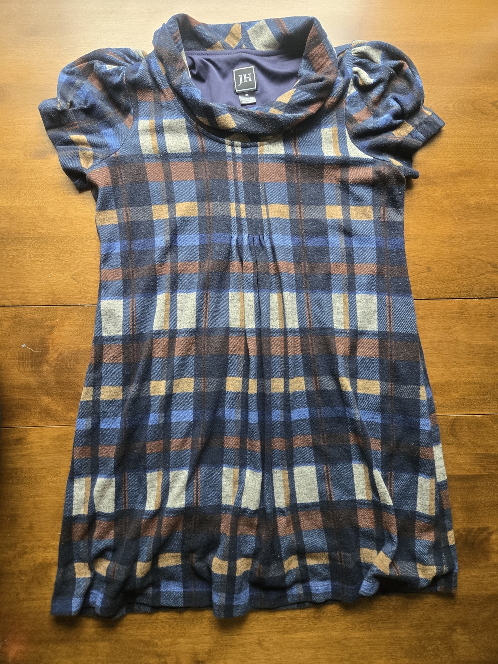 Vintage JH Collection Plaid Cowl Neck Sweater Dress Petite Large Blue Brown Tuni